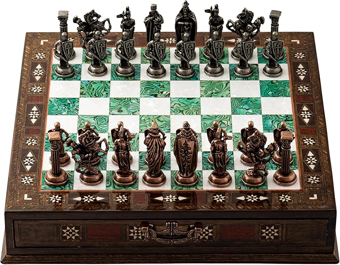 15'' Wooden Chess Set with Metal Chess Pieces – Handmade Storage Chess Board &amp British Metal Pieces – Elegant Chess Gift for All Ages – Gift for Him (Green)