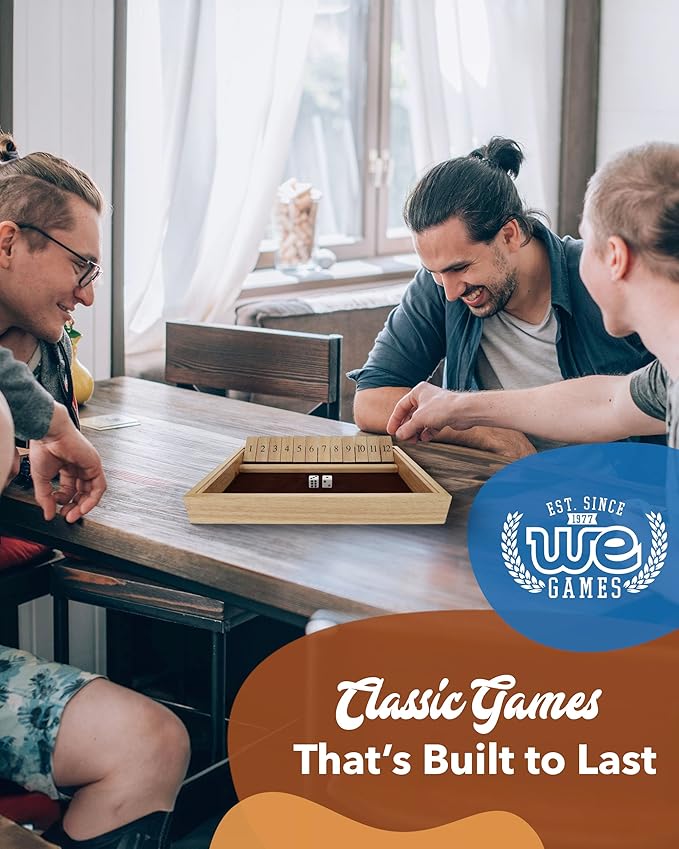 WE Games Wooden Shut The Box - Close The Box Set with 12 Number Tiles &amp 2 Dice Games - 13.5” Natural Wood Finish