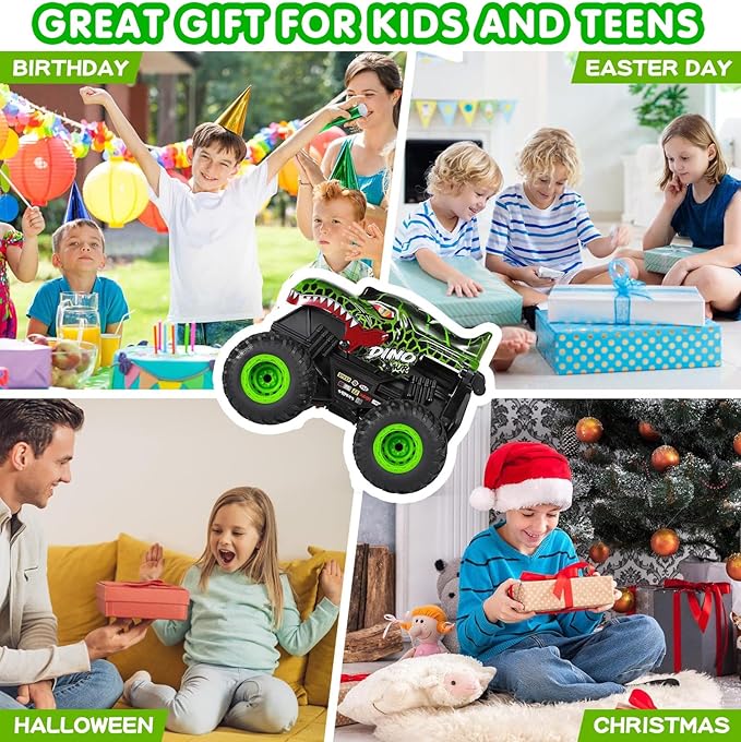 DYODYORC Remote Control Car 2.4Ghz All Terrain Dinosaur Monster Truck Toys RC Truck with Music 3 Lighting Effects 360 Stunt Capable 2 Batteries Ready to Run Toy Gifts for Boys and Girls (Green)
