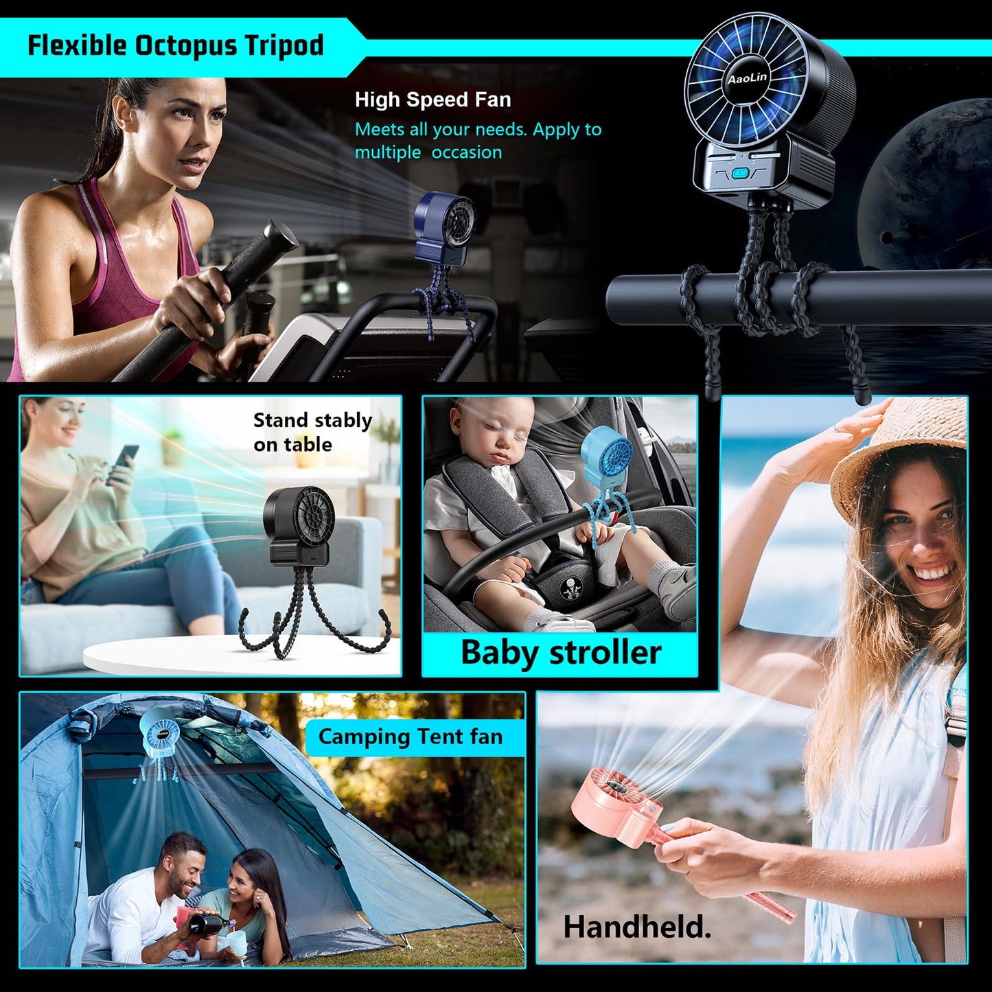2 Pack Multifunctional Portable Stroller Fan 4 Speed 6600rpm High Speed Usb Rechargeable Personal Mini Handheld Fan Extended Tripod For Desktop Winding Kids Bed Treadmill Bike Golf Cart Outdoor Travel