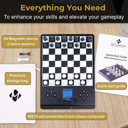 Millennium ChessGenius Pro M815 – Electronic Chess Computer with 2200 ELO Adaptive AI Skill Levels Color Display Built-in Trainer Magnetic Travel Design