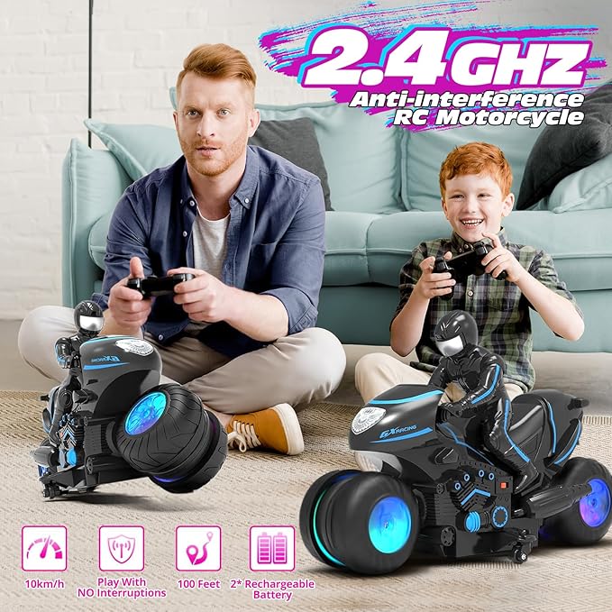 Tecnock RC Motorcycle Remote Control Motorcycle with LED Lights RC Car Dirt Bike Toy 360° Spins and Flips Rechargeable Batteries Gift for Boys Ages 5-7 8-12