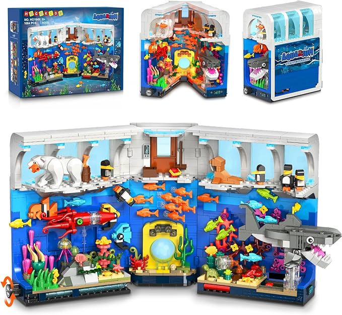HOGOKIDS Aquarium Book Nook Building Set with Lights - Booknook Fish Building Toy for Bookshelf Home Decor 1064PCS Movable Shark Ocean Polar Animals Blocks Bookend Kit for Adults Teens Boys Girls 8+