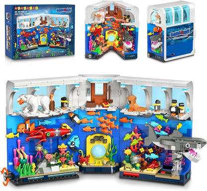 HOGOKIDS Aquarium Book Nook Building Set with Lights - Booknook Fish Building Toy for Bookshelf Home Decor 1064PCS Movable Shark Ocean Polar Animals Blocks Bookend Kit for Adults Teens Boys Girls 8+