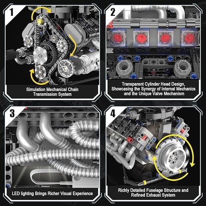 HIGH GODO V8 Engine Kit That Work Visible Car Engine Model Kit with Motor and Lights Build Your Own Car Engine Kit with App Control Kit STEM Project for Teens Adults 14+ (715 PCS)