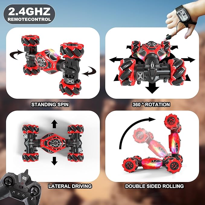 Gesture RC Car Red1:24 High Speed 4WD Transform Stunt Car with Gesture &amp Remote Control 360° Rotation Drift Vehicle with LED Lights Music Racing Toy Cars Gift for Boys Girls Age 6-12