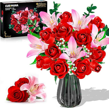 Rose Flower Bouquet Building Set with LED - Red Rose Botanical Collection Building Block Set for Adults Pink Lilies Artificial Plant for Home Decor Easter Gifts for Her Women Girls