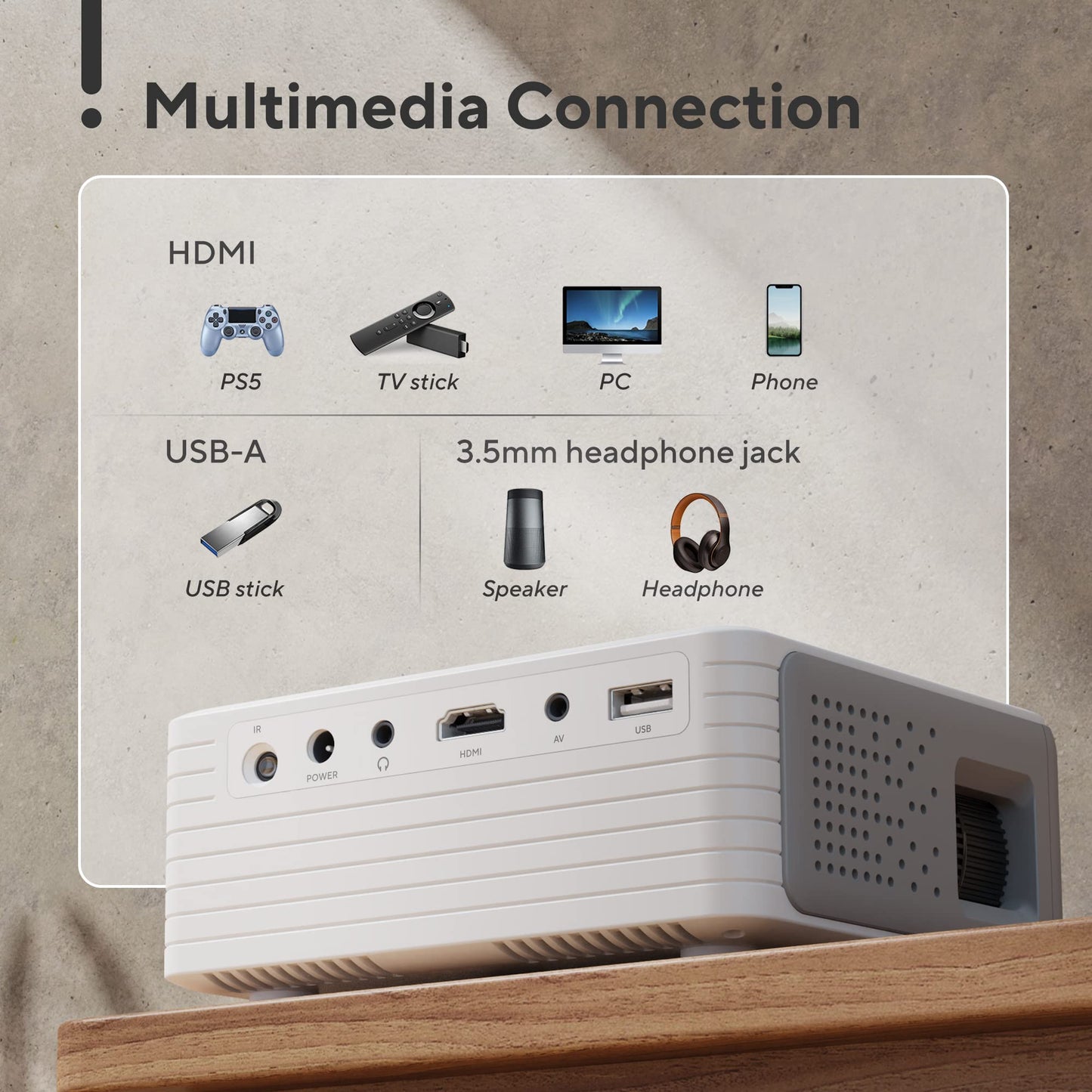 Mini Projector with WiFi and Bluetooth, AKIYO 1080P Supported Projector with Projector Stand, Portable Movie Projector for Home Theater/Outdoor, Compatible with iOS/Android/Laptop/TV Stick/HDMI/PS5