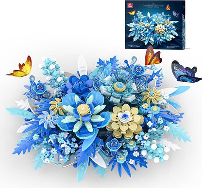 Blue Flowers Bouquet Building Sets Artificial Flower Botanical Collection Home Decor Office Wall Art Plant Decoration Building Toys Gifts for Adults Women and Kids Girls Age 8-12 (917 PCS)