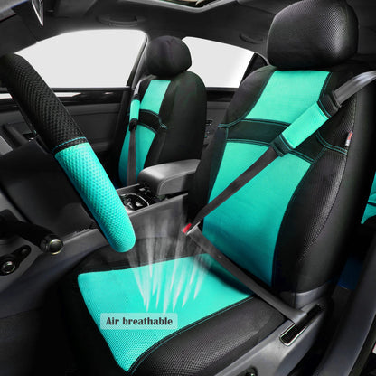 CAR PASS 3D Air Mesh-100% Breathable Seat Covers Full Sets, Steering Wheel Cover,Belt Cover, Airbag Compatible for Automotive SUV Truck Black Mint