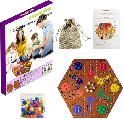 Wooden Board Game Board Game Original Marble Game Double Sided Painted 2 to 6 Player Fast Track Wooden with 6 Colors 24 Marbles 6 Dice for Adults Kids Family(15 INCH Flame)