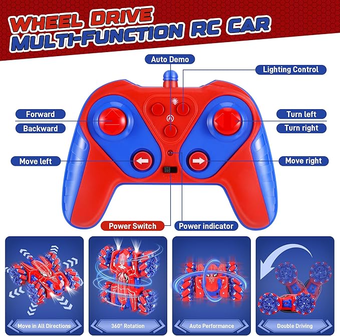 Spider RC Cars for 4 5 6 7 8 Year Old Boys - 2.4Ghz Rechargeable Double Sided Remote Control Stunt Car 360°Rotating 4WD Off-Road RC Drift Car with Light Birthday Xmas Gifts for Kids Age 4-6 5-7 8-12