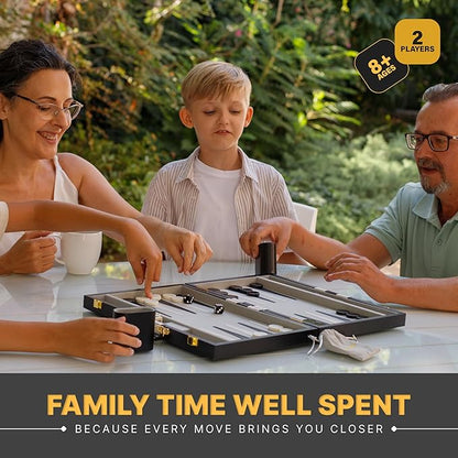 Backgammon Sets for Adults – 15-Inch Black PU Leather Board Game Set – Classic 2-Player Travel Backgammon Set with 32 Playing Pieces Dice and Cups