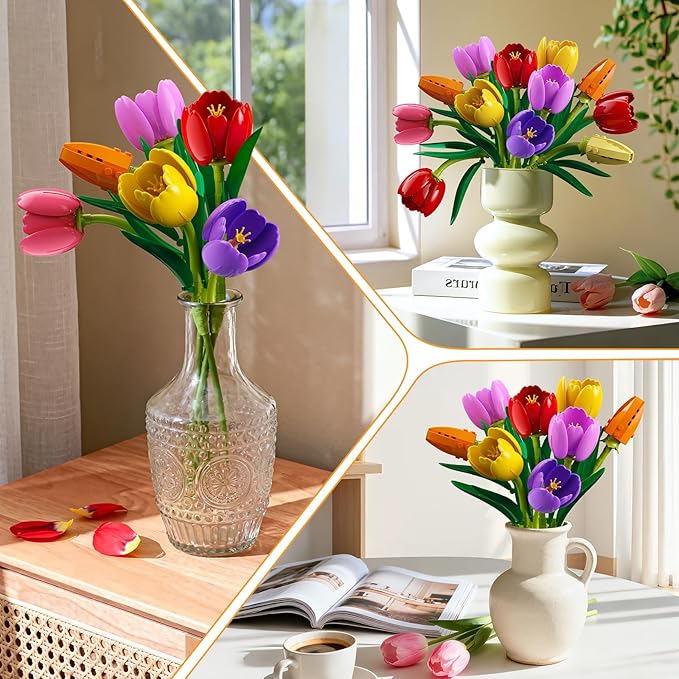 Flowers Bouquet Building Set with Vase - Tulips Bonsai Building Block for Adults Easter Gift for Her/Wife/Mom/Girlfriend 768PCS Artificial Plant Botanical Collection for Home Decor
