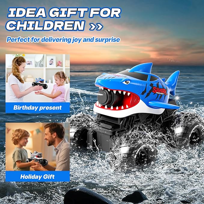 Gesture Sensing Amphibious Remote Control Shark Monster Truck with Water Squirt 4WD 1:16 RC Car All-Terrain Waterproof RC Tank Pool Toy Outdoor Summer Gifts for Kids Age 6+（With 2 Replaceable battery)