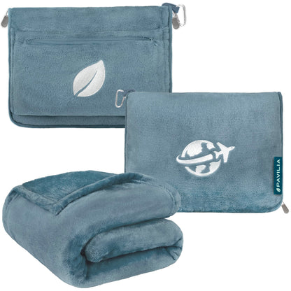PAVILIA Travel Blanket and Pillow, Arms Opening Airplane Blankets for Adults, Compact Plane Blanket with Arm Hole 2-in-1 Bag for Flight Car Camping Fit in Luggage Backpack Traveler Gift, Blue