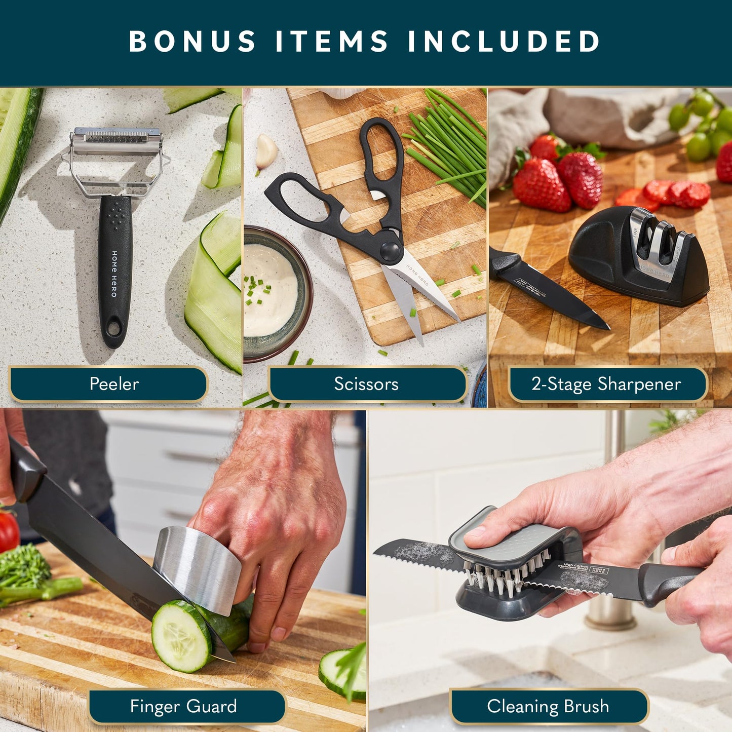 Home Hero Kitchen Knife Set with Sharpener - High Carbon Stainless Steel Knife Block Set with Ergonomic Handles (20 Pcs - Acrylic Black)