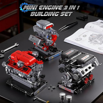JMBricklayer 3-in-1 Mini Engine Model Car Kits that Runs V8 V12 W16 Engine Kits for Adults &amp Teens Physical Science Experiment STEM Toy Collectible Engineering Gifts for Car Lovers 840PCS