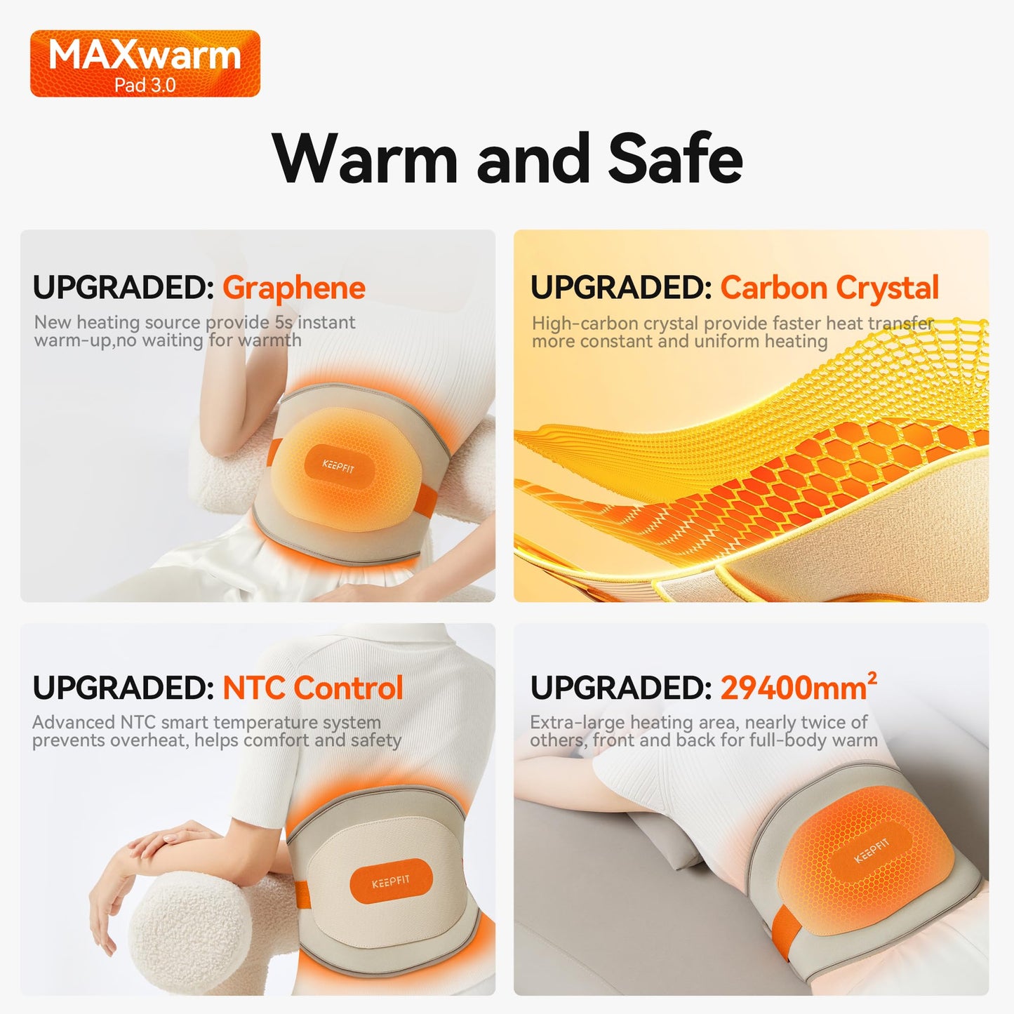 Cordless Heating Pad for Back Pain Relief: MAXwarm 3.0[2025 Upgraded], IKEEPFIT Electric Heat Pad with Massager for Period Cramps, Extra Large 65", 8000mAh Battery, Gift for Women Men (Beige)
