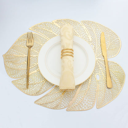 Evevda Gold Leaf Shaped Vinyl Placemats for Dinner Table Set of 4 Metallic Plastic Gold Place Mats Wipeable 6Pcs Table Mats for Wedding Annersary Dinner Table Decoration Mats