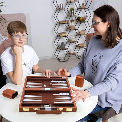 Backgammon Set 2 Players Classic Backgammon Sets for Adults Board Game with PU Leather Case Portable and Travel Backgammon Set (Brown 11inch)