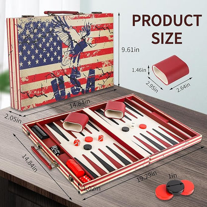 15 Inches Backgammon Sets for Adults Leather Travel Backgammon Set with American Flag Design Classic Board Game for Friends Party or Family Game Night