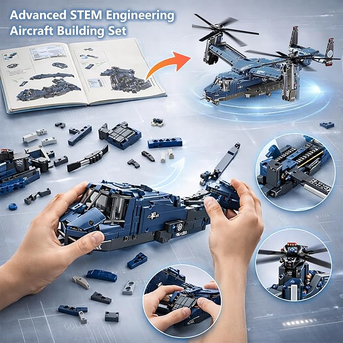 Military Helicopter Building Kit Fighter Jet V-22 Osprey Airplane Sets -1486 PCS Army Rescue Aircraft Model Toys Birthday Gifts for Adults Men Teens Boys 8-12 14+