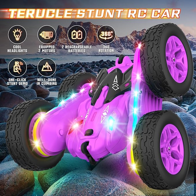 Remote Control Car Rc Cars Stunt RC Car Toys New Upgraded Strip Lights and Headlights Girl Toys Double-Sided 360° Rotating 4WD Drift Truck for Boys Girls Birthday Gift (Purple)