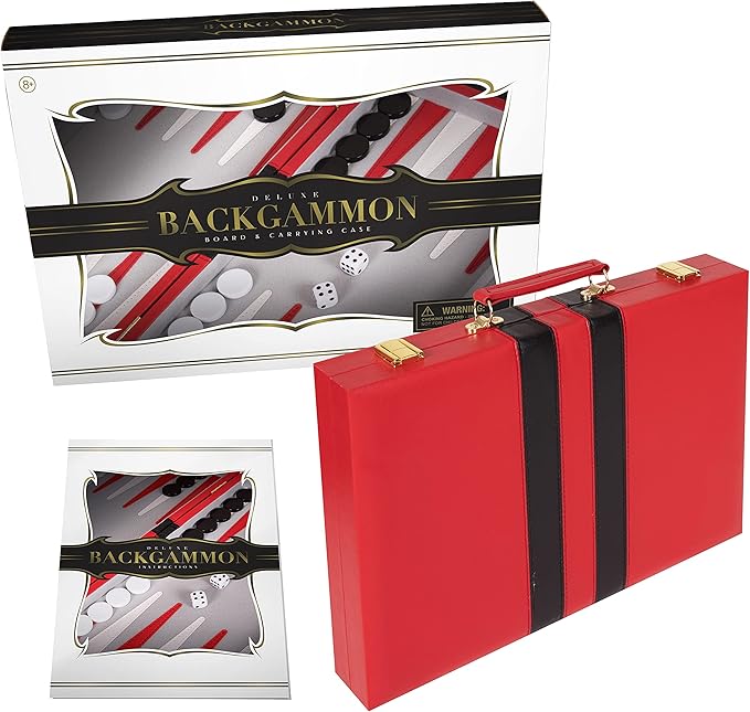 Premium Backgammon 15 Inches Medium Red - Backgammon Sets for Adults and Kids - Leatherette Back Gammon Board Game Set - Travel Backgammon Set Board Encased with Accessories