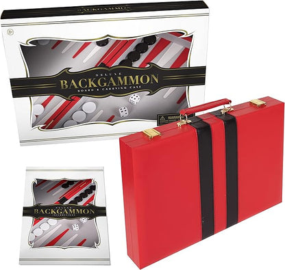 Premium Backgammon 15 Inches Medium Red - Backgammon Sets for Adults and Kids - Leatherette Back Gammon Board Game Set - Travel Backgammon Set Board Encased with Accessories