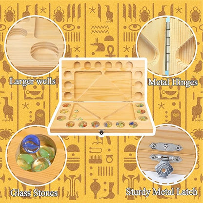 4 Players Mancala Board Game Solid Wood Folding Mancala Board with Multi-Color Glass Stones Mancala Family Travel Strategy Games Set with Game Instruction