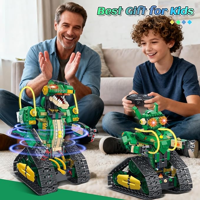 RC Dinosaur Building Toy with Light 5 in 1 Remote Controll Building Block Kit 877 PCS Tech Rechargeable Dinosaur Robot Toys Easter Birthday for Kids Boys Age 8 9 10 11 12+