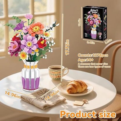Flowers Bouquet Building Set Wildflower with Vase Compatible with Lego Botanical Collection for Adults Women Girls 14+ Home Office Decor