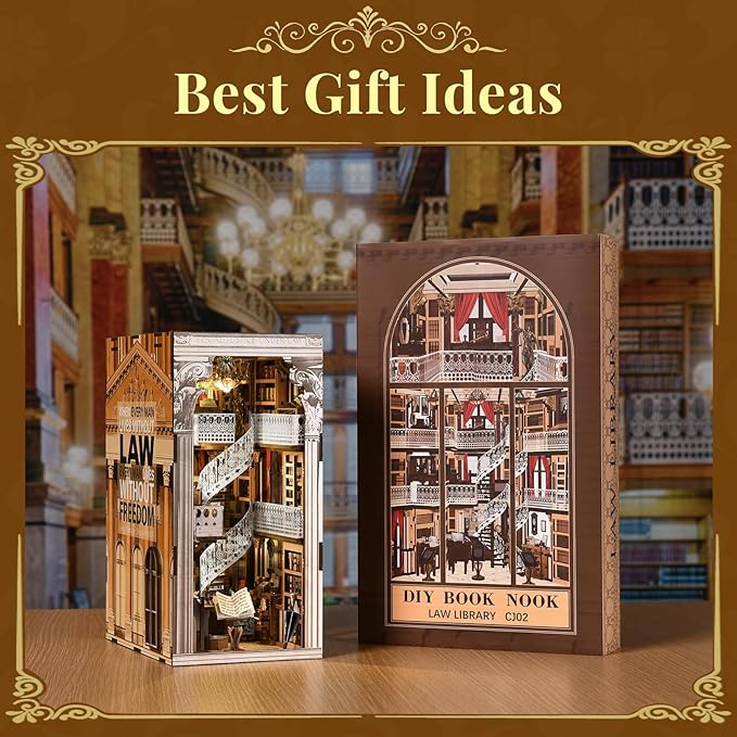 Book Nook Kit Library DIY Miniature House Kit 3D Wooden Puzzle Dollhouse Kit for Adults and Teens Bookshelf Booknook with LED Light (Law Library)