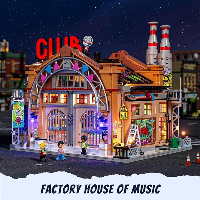 FUNWHOLE Factory House of Music Lighting Building Bricks Set - Street Fusion Music Club City Town Fully Accessible Multi-Form Modular Collection Kit 2654 Pcs for Adults &amp Teens &amp Street Cultur