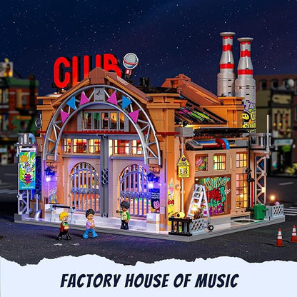 FUNWHOLE Factory House of Music Lighting Building Bricks Set - Street Fusion Music Club City Town Fully Accessible Multi-Form Modular Collection Kit 2654 Pcs for Adults &amp Teens &amp Street Cultur