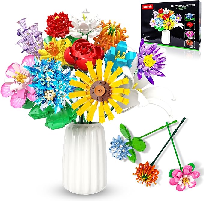 Flower Bouquet Building Set980PCS Creative DIY Plant Bouquet Decoration12 Artificial Flowers Botanical for Adults Women Girls Ages 6+Idea Gifts for Mother's Day Birthdays No Vase