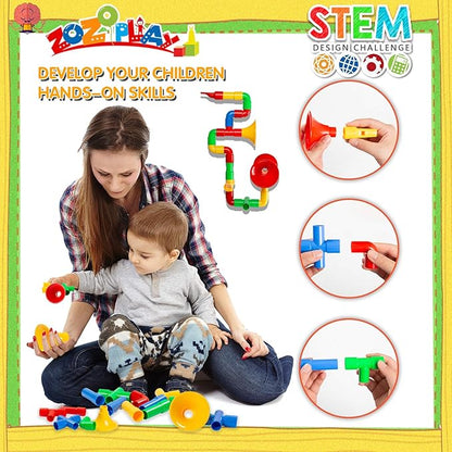 ZOZOPLAY STEM Toys Tube Locks 72 Piece Tubular Pipes &amp Spouts &amp Joints &amp Whistles &amp Trumpet Toy Learning Educational Building Block Set with Whistles Gift for Boys Girls