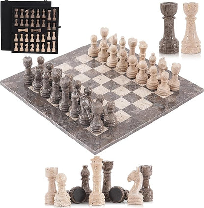 Marble Chess Set 15 Inches Handmade Oceanic &amp Travertine Luxury Board Games for Adults Ideal Marble Chess Board Game Set Chess Pieces &amp Storage Box for Gifts &amp Home Decor