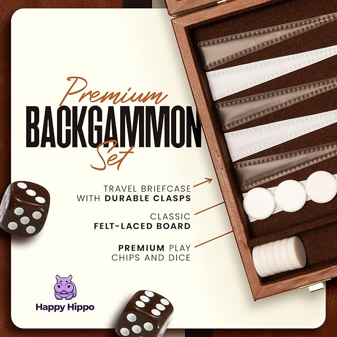 Backgammon Board Game Deluxe Leather Like Case Felt Interior Brown Classic Backgammon Game Popular Board Game Board Games (Medium (15))