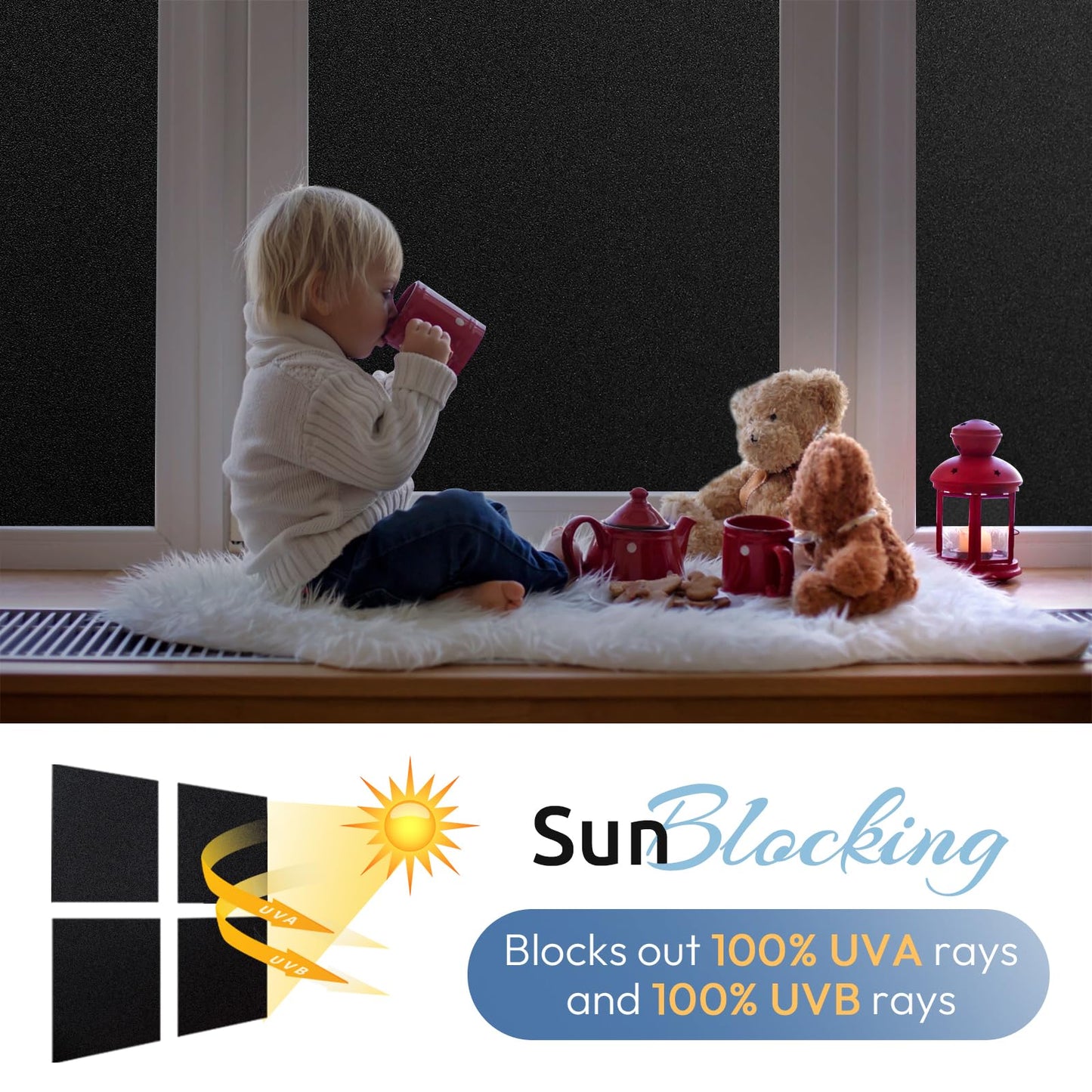 rabbitgoo Blackout Window Film, Sun Heat Blocking Privacy Cover for Glass, Removable Opaque Room Darkening Dark Black Out Window Covers Tint Shades for Home Day Sleep Light Blocker 11.8 x 157 Inches