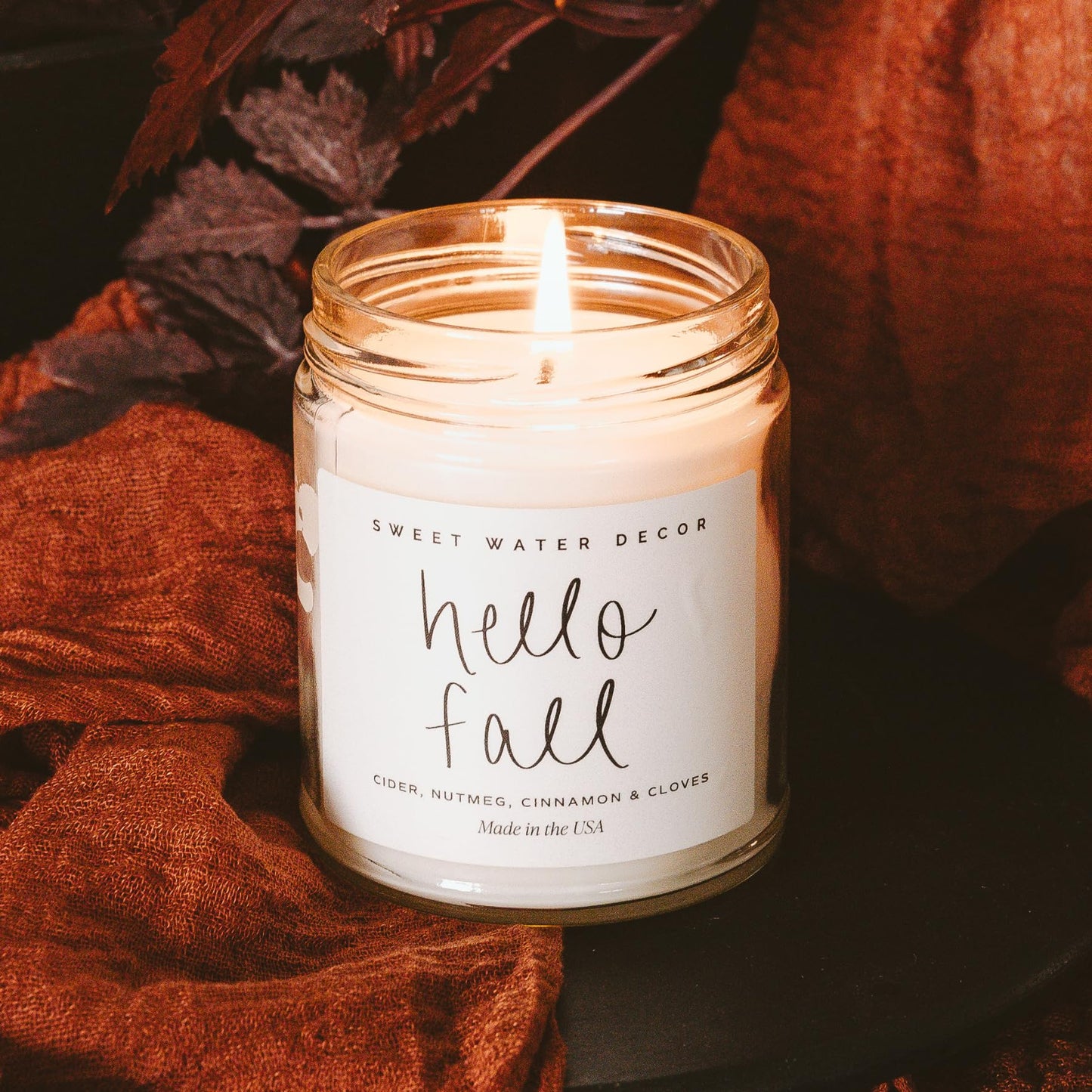 Sweet Water Decor Hello Fall Candle - Cinnamon Apples & Clove Autumn Fall Scented Candle for Home Decor - 100% Cotton Wick Soy Wax Candles with 40 Hour Burn Time - Made in The USA - 9oz Clear Jar
