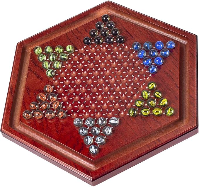 AMEROUS 13.6 inches Wooden Chinese Checkers Board Game Set with 60 Colorful Glass Marbles Classic Strategy Game for Kids Adults Whole Family Play (Up to Six Players)