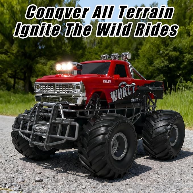 Highspeed Entry Level red rc Monster Truck with Light Spray 2.4GHz Upright 360 Rotate 4WD Monster Trucks rc Cars 20+ KM/H Monster Trucks 70min (Max) RuntimeEaster Birthday Gift Toddler Toys 8-12
