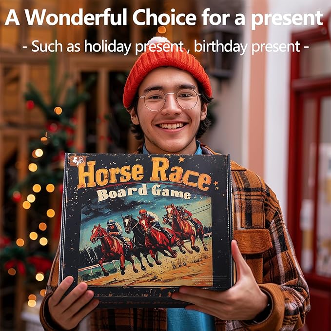 Wooden Finish Line Horse Racing Board Game Equipped with 11 Luxury Metal Craft Horses Adult Chessboard Including 2 Dice and 2 Boxes of Cards Folding Box Game Board (Light Flame)