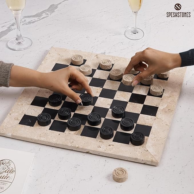 Marble Checkers Set 15 Inch Handmade Travertine &amp Black Checkers Board Game with Checker Pieces - Board Games for Adults Game Table Accessories Gifts &amp Home Décor