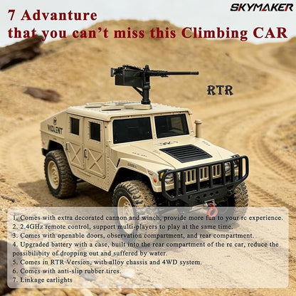 Skymaker RC Military Truck Humvee 2.4Ghz Remote Control Truck 4WD RC Hummer with Winch &amp Machine Gun Khaki