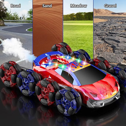 8WD Remote Control Car2.4GHz Gesture Sensing RC Stunt CarCool Spray Rotation RC Car with Lights and MusicAll Terrain Toys for Kids Ages 7 Birthday Gifts for Boys Girls(Red)