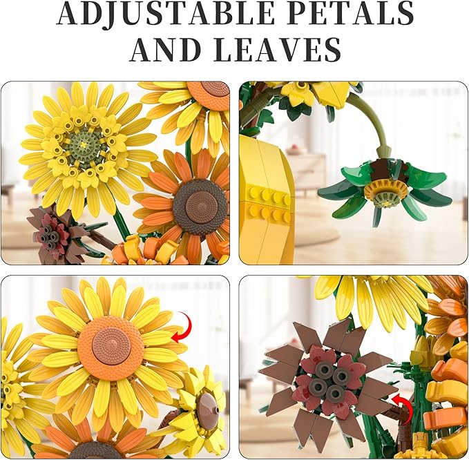 Flowers Building Sets for Adults Van Gogh Prints Art Botanical Collection Sunflowers Pot Bouquet Plants Kits Compatible with Lego Flowers Easter Flores Home Decor for Woman Girls 14+