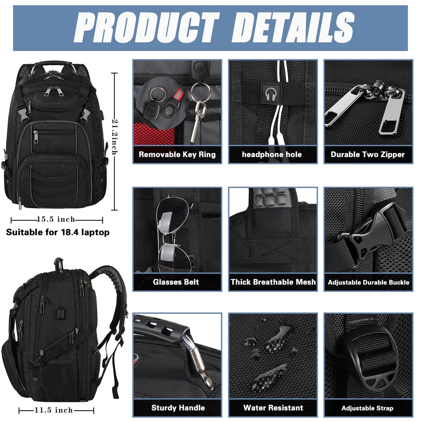18.4 Laptop Backpack for Men, 60L Extra Large Gaming Laptops Backpack with USB Charger Port,TSA Friendly Flight Approved RFID Anti-Theft Pocket Heavy Duty Computer Bag Backbag,21.2*15.5*11.5 inch Grey